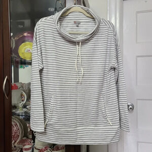T by Talbots Athletic Striped Cowl Neck Pullover Sweater Kangaroo Pockets Large